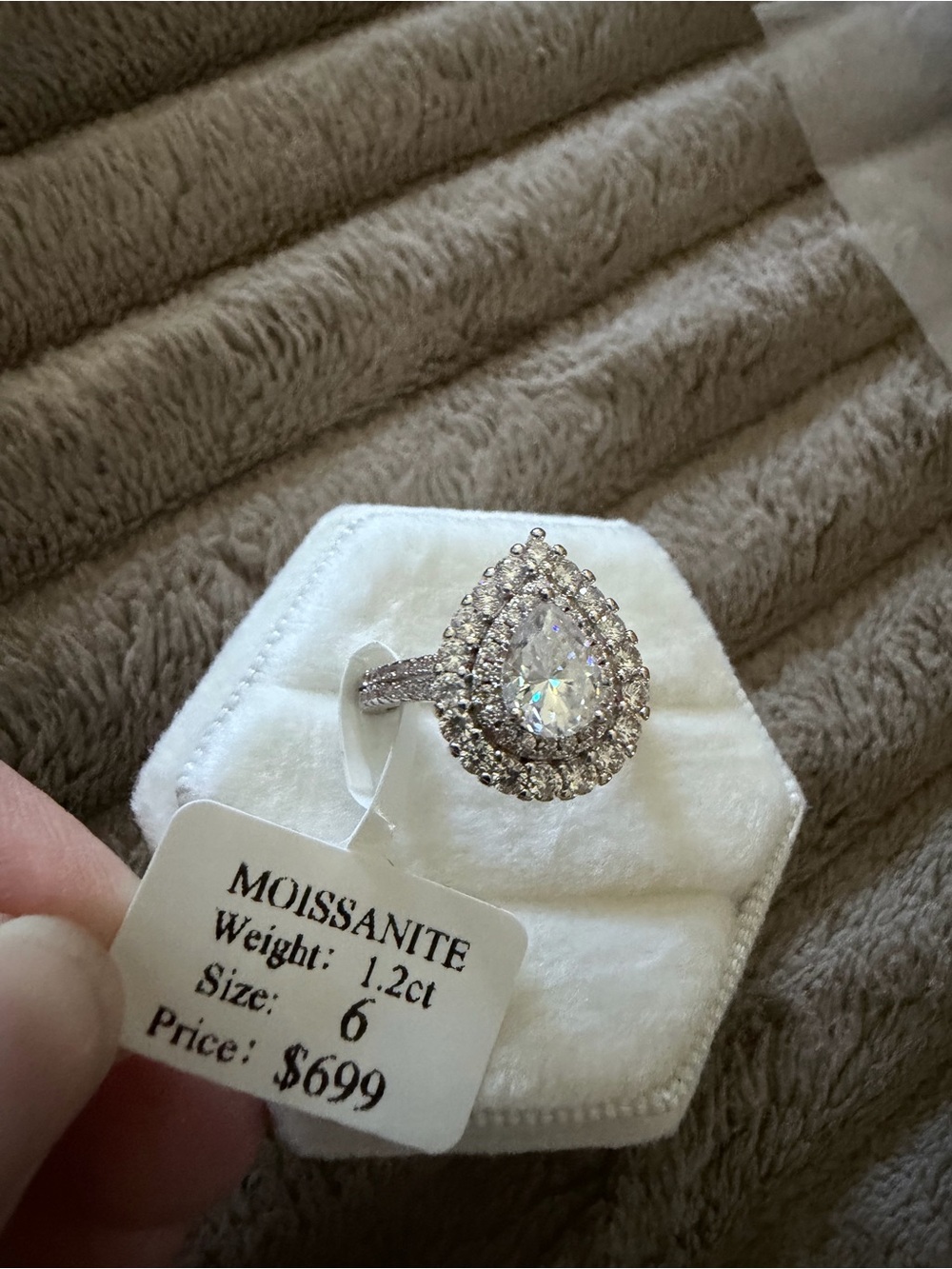 Moissanite Teardrop Halo Ring in Silver - 1.2ct (Size 6)